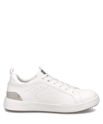 Weißer Sneaker aus Leder mit Schnürung. Dezente graue Details an der Ferse und sportliches Design.