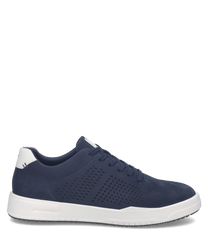 Dunkelblauer Sneaker aus glattem Leder mit weißer Gummisohle. Der Schuh hat eine Schnürung und seitliche Perforationen für Atmungsaktivität.