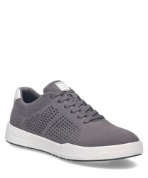 Baskets grises avec lacets et semelle blanche. Dessus en cuir avec perforations pour ventilation et confort.