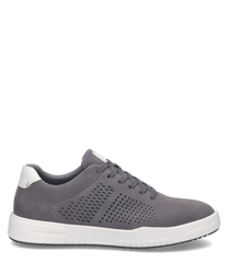 Baskets grises avec lacets et semelle blanche. Dessus en cuir avec perforations pour ventilation et confort.