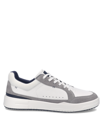 Baskets blanches avec détails gris et lacets. Fabriquées en cuir et textile avec une semelle blanche épaisse pour un confort optimal.