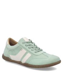 Miętowe sneakersy z jasnymi wstawkami sznurowane. Wykonane z materiału imitującego zamsz z brązową podeszwą.