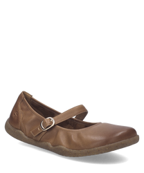 Brown leather ballerina shoe with a buckle closure. Features a flexible sole ideal for comfort and casual wear.