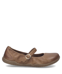 Brown leather ballerina shoe with a buckle closure. Features a flexible sole ideal for comfort and casual wear.