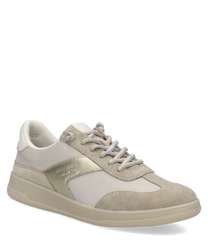Sneaker in tessuto e pelle scamosciata beige con allacciatura. Il design presenta dettagli dorati e un look casual e moderno.