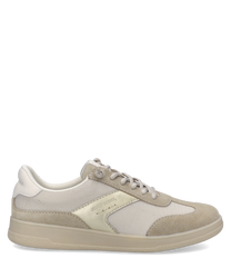 Sneaker in tessuto e pelle scamosciata beige con allacciatura. Il design presenta dettagli dorati e un look casual e moderno.