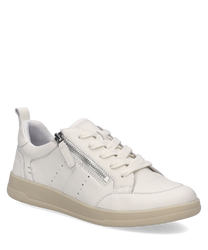 Baskets blanches en cuir avec laçage et fermeture éclair latérale. Semelle beige et détails perforés pour un look moderne.