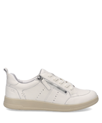 Baskets blanches en cuir avec laçage et fermeture éclair latérale. Semelle beige et détails perforés pour un look moderne.