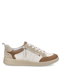Baskets en cuir blanc avec détails en daim beige et marron Laçage classique avec fermeture éclair latérale Semelle beige