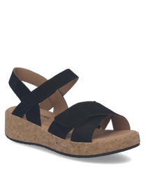 Zwarte sandaal met klittenbandsluiting en kurken zool. Het materiaal is zacht en comfortabel ideaal voor dagelijks gebruik.