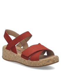 These sandals feature a red suede upper with a Velcro closure for easy adjustment. The cork sole provides a natural look and comfortable wear making them ideal for casual outings.