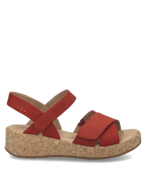 These sandals feature a red suede upper with a Velcro closure for easy adjustment. The cork sole provides a natural look and comfortable wear making them ideal for casual outings.