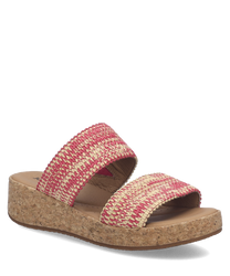 Mocasín de mujer con diseño en dos tonos de rosa y beige. Fabricado con material tejido y suela de corcho para mayor comodidad.