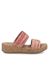 Mocasín de mujer con diseño en dos tonos de rosa y beige. Fabricado con material tejido y suela de corcho para mayor comodidad.