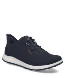 Black mesh sneaker with white sole and orange stitching. Easy On closure design for comfort and style.