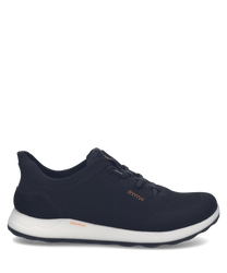 Black mesh sneaker with white sole and orange stitching. Easy On closure design for comfort and style.