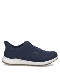 Sneaker blu in tessuto traspirante con chiusura Easy On. Suola bianca e dettagli arancioni per un look sportivo e confortevole.