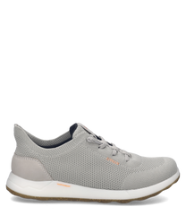 Baskets grises avec lacets en tissu respirant. Talon en liège pour un confort optimal et semelle blanche résistante.