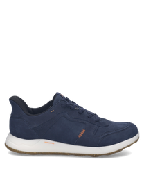 Zapato deportivo de color azul marino con cordones. Diseñado con material de gamuza y suela de goma blanca ofreciendo comodidad y estilo.