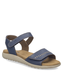 Blue leather sandals with Velcro closure featuring a cushioned beige sole and white stitching. The open-toe design offers comfort and style for casual wear.