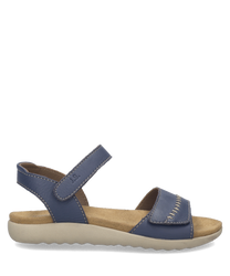 Blue leather sandals with Velcro closure featuring a cushioned beige sole and white stitching. The open-toe design offers comfort and style for casual wear.