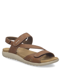 Brown leather sandals with Velcro straps. Comfortable beige sole designed for everyday wear.