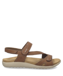 Brown leather sandals with Velcro straps. Comfortable beige sole designed for everyday wear.