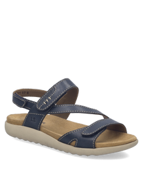 Blue sandals with velcro closure and beige sole. Made of leather with white stitching. Ideal for casual wear.