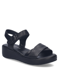 Sandales en cuir noir avec fermeture Velcro. Semelle plate-forme pour un confort optimal.