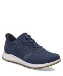 Granatowe sneakersy z zamszu z sznurowaniem prezentują minimalistyczny design. Posiadają białą podeszwę akcentującą nowoczesny wygląd buta.