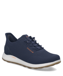Granatowe sneakersy z siateczki z zapięciem Easy On. Biała podeszwa i pomarańczowy detal dodają charakteru.