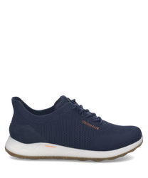 Granatowe sneakersy z siateczki z zapięciem Easy On. Biała podeszwa i pomarańczowy detal dodają charakteru.