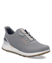 Grauer Sneaker aus atmungsaktivem Mesh mit Schnürung. Der Schuh hat silberne Akzente an der Ferse und eine weiße Sohle.