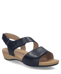 Black sandals featuring a Velcro closure with a cork sole. Made from smooth leather material they offer easy wear and a comfortable fit for everyday use.