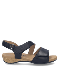 Black sandals featuring a Velcro closure with a cork sole. Made from smooth leather material they offer easy wear and a comfortable fit for everyday use.