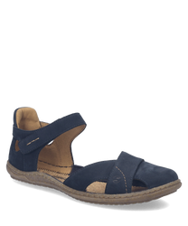 Sandales en cuir bleu et rose avec fermeture Velcro. Semelle en liège confortable et design ouvert pour une aération optimale.