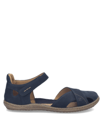 Sandales en cuir bleu et rose avec fermeture Velcro. Semelle en liège confortable et design ouvert pour une aération optimale.