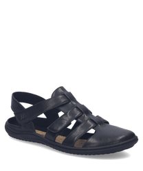 Schwarze Sandale aus Leder mit praktischem Klettverschluss. Das Design bietet mehrere Riemen für optimalen Halt und eine bequeme Passform.