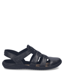 Schwarze Sandale aus Leder mit praktischem Klettverschluss. Das Design bietet mehrere Riemen für optimalen Halt und eine bequeme Passform.
