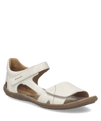 Sandalias de cuero blancas con cierre de velcro. Suela marrón y diseño cómodo para uso diario.