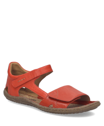 Sandales en cuir rouge avec fermeture Velcro. Semelle marron antidérapante et design ouvert pour un confort optimal.