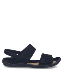 Sandalias negras con cierre de velcro hechas de material sintético. Su diseño cómodo y sencillo es ideal para el uso diario ofreciendo un soporte suave para el pie.