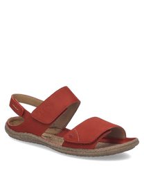 Sandalias rojas de cuero con cierre de velcro. Diseño cómodo con suela flexible y plantilla acolchada.