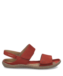 Sandalias rojas de cuero con cierre de velcro. Diseño cómodo con suela flexible y plantilla acolchada.