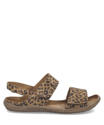 Sandaal met luipaardprint en klittenbandsluiting. Het materiaal is zacht textiel in bruin en zwart met een comfortabele zool.