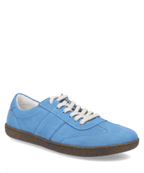 Blue sneaker with white laces and a brown sole. Made from soft material with visible stitching for a casual look.