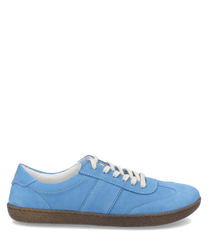 Blue sneaker with white laces and a brown sole. Made from soft material with visible stitching for a casual look.