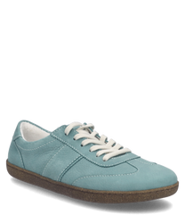 A teal leather sneaker with white laces. It features a dark brown rubber sole and visible stitching for added detail.