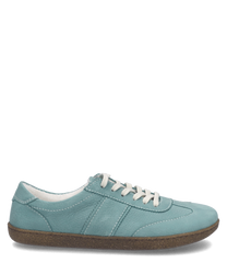 A teal leather sneaker with white laces. It features a dark brown rubber sole and visible stitching for added detail.