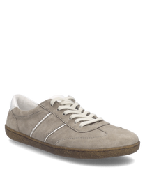 Grauer Sneaker aus Wildleder mit Schnürung. Weiße Akzente und flache Sohle für komfortablen Alltag.